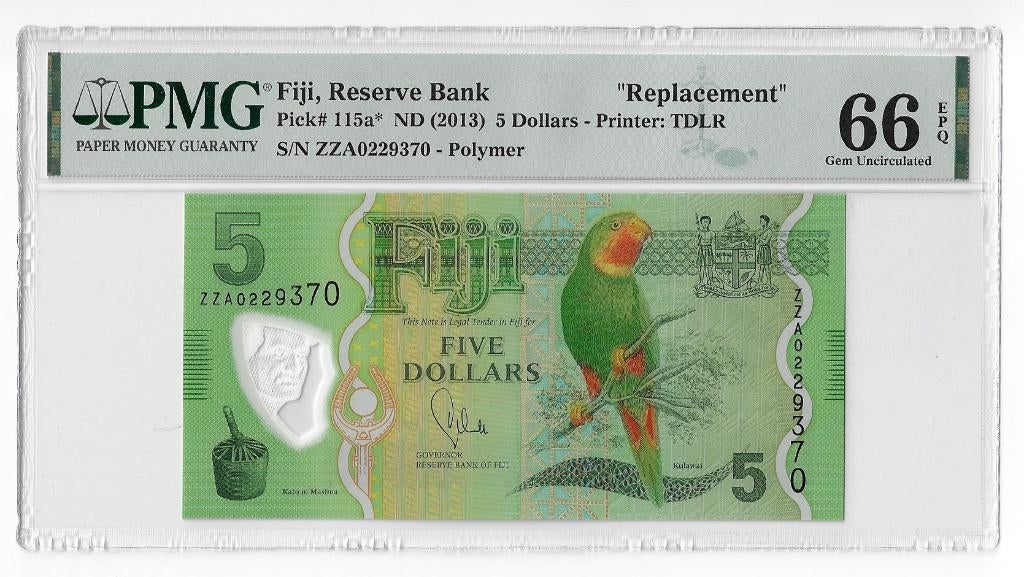 Fiji Islands 5 Dollars 2013 Unc Polymer Repl. PMG 66 EPQ, Ophalen of Verzenden, Los biljet