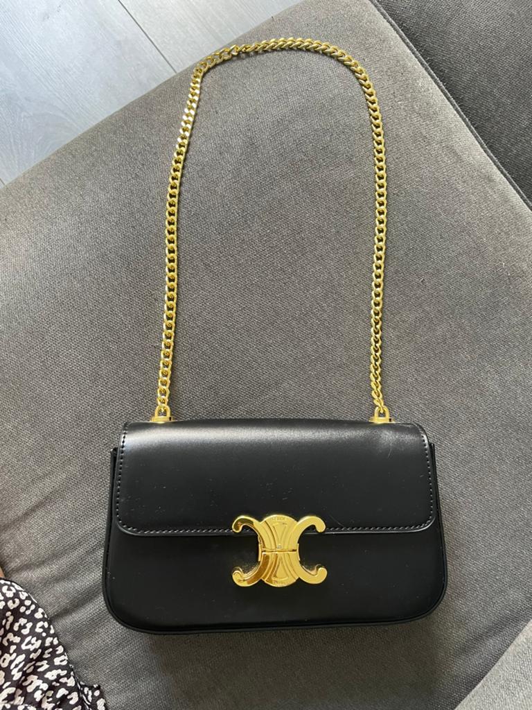 Zwarte goude schouder tas. Echt leer!Weinig gebruikt., Ophalen, Zo goed als nieuw, Zwart, Leer