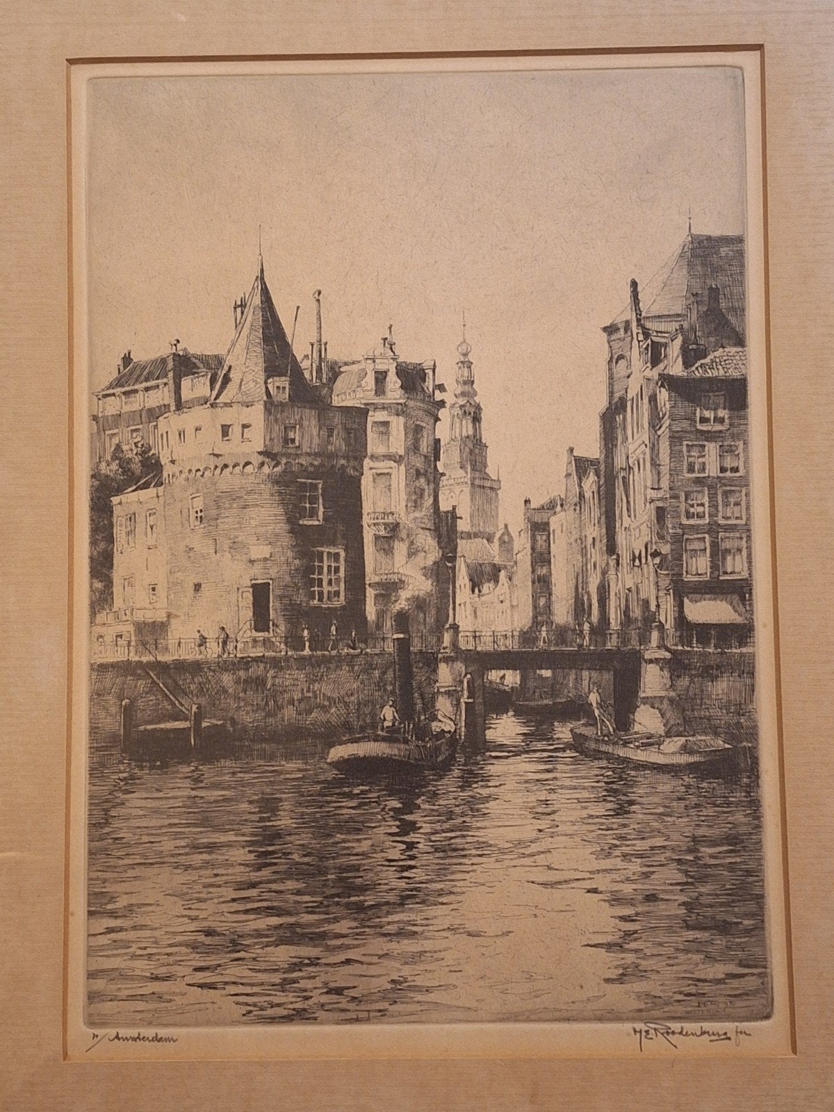 Ets Amsterdam van Hendrik Roodenburg, Ets, Stadsgezicht, Ophalen of Verzenden, Origineel