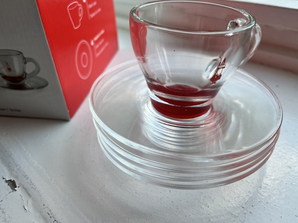 Bialetti Espresso Kop en Schotel Glas Rood 4 st NIEUW, Ophalen, Nieuw, Koffiemachine