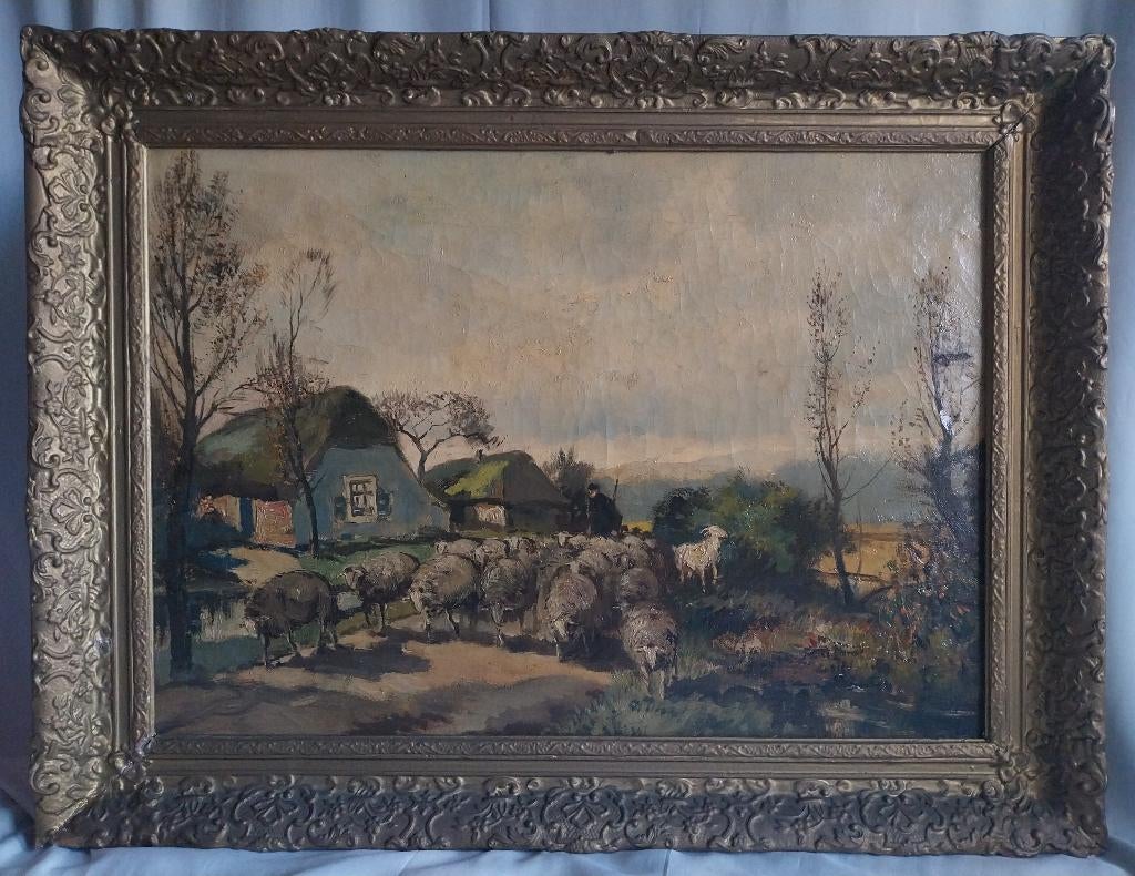J.H. Wolhof (1881-1941) - Herder met schapen - Veluwe - 1930, Antiek en Kunst, Ophalen