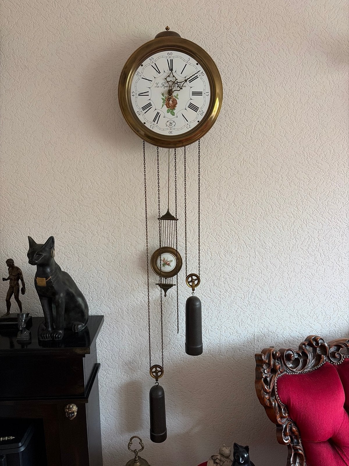 Messing wandklok “La Rose” met gewichten – werkt, Antiek en Kunst, Antiek | Klokken, Ophalen
