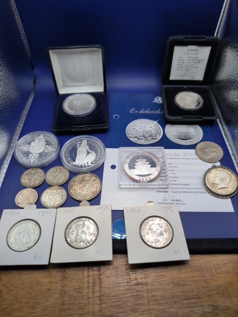 Diverse Zilveren Munten en Penningen - Panda, Gulden, Dollar, Ophalen of Verzenden, Koningin Wilhelmina, Zilver