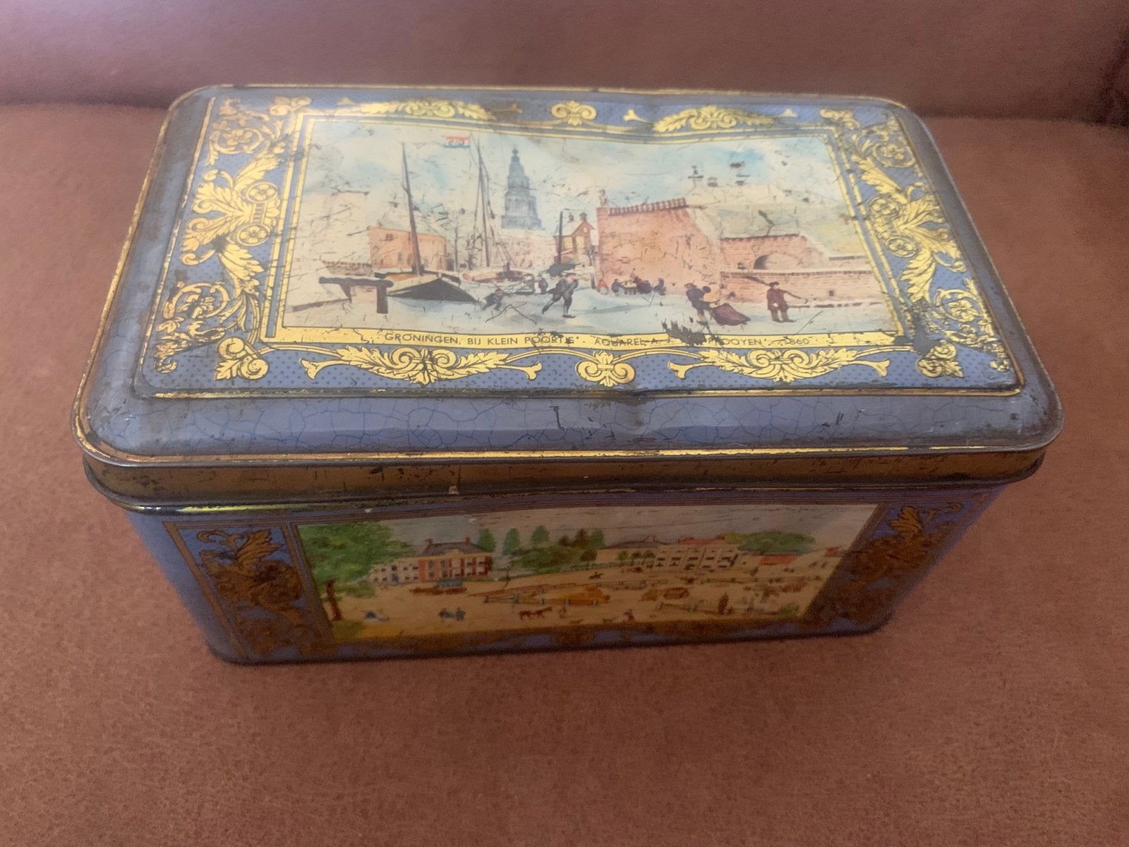 Antieke blikken doos met historische stadsgezichten, Antiek en Kunst, Ophalen of Verzenden