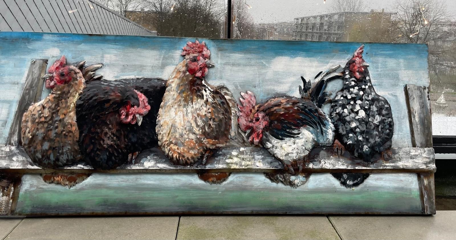 3D Metalen Schilderij Kippen - Handgeschilderd - 150x60cm, Antiek en Kunst, Ophalen, Realistisch, Dieren, Metaal