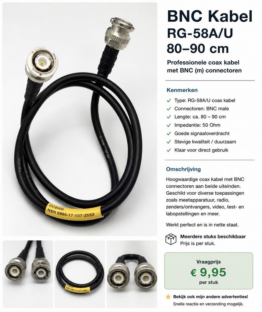 BNC Coax Kabel RG-58A/U - 80/90 cm - Professionele kwaliteit, Ophalen of Verzenden, Minder dan 2 meter, Coaxiale kabel