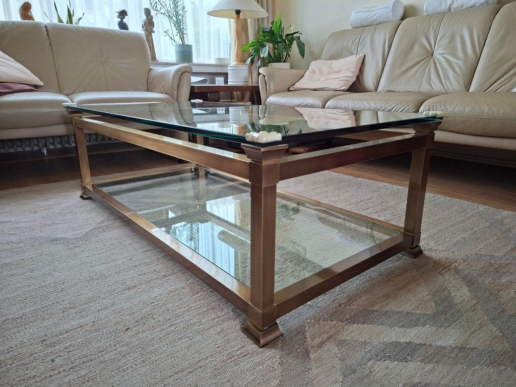 Salontafel glas met bronzen onderstel, Huis en Inrichting, Tafels | Salontafels, Ophalen, Gebruikt, 100 tot 150 cm, 50 tot 100 cm