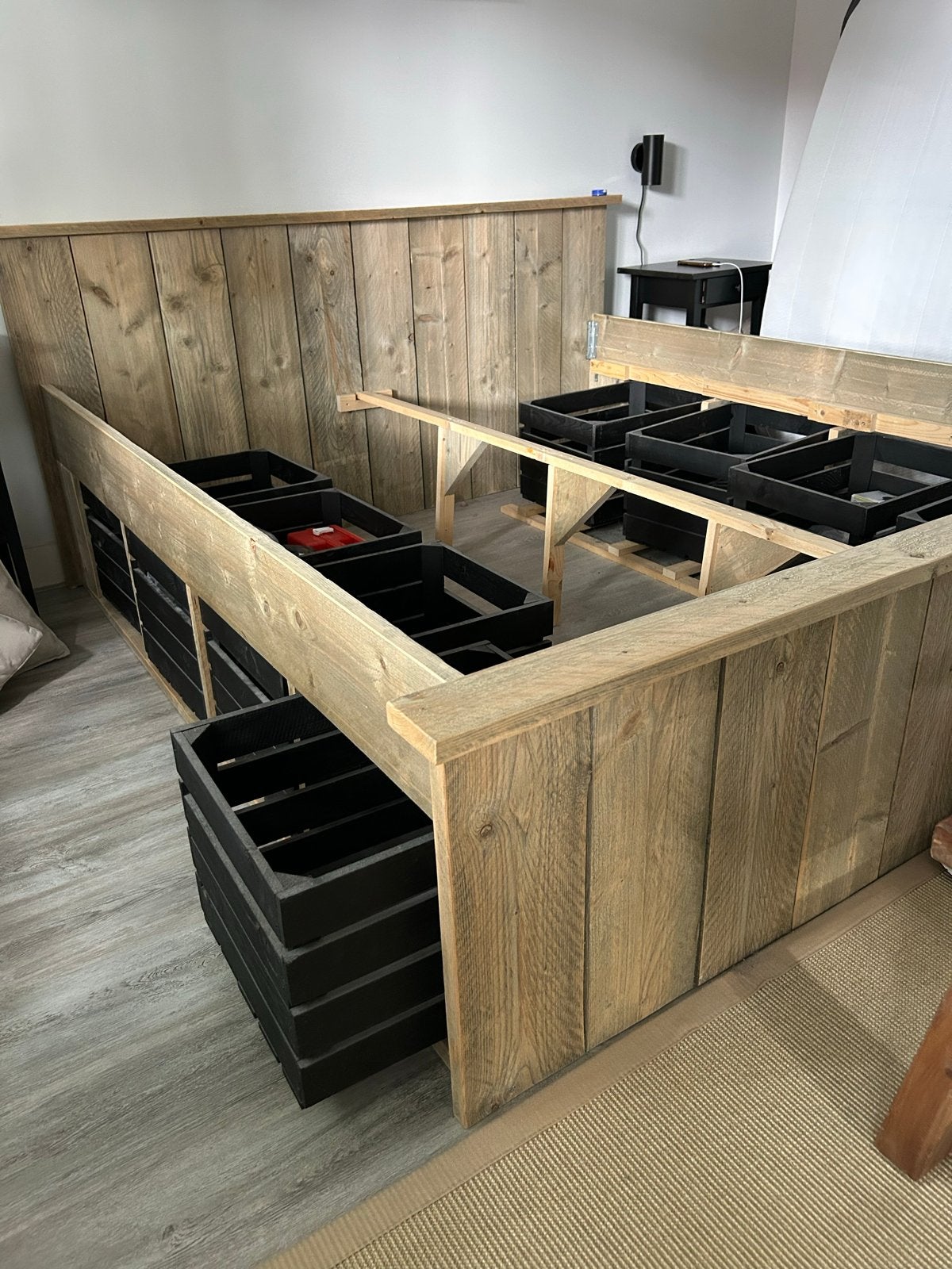 Steigerhouten tweepersoonsbed met opbergruimte, Ophalen, Gebruikt, Bruin, Steigerhout