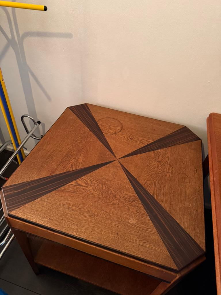Vintage design salontafel/hoektafel met uniek ingelegd blad, Ophalen