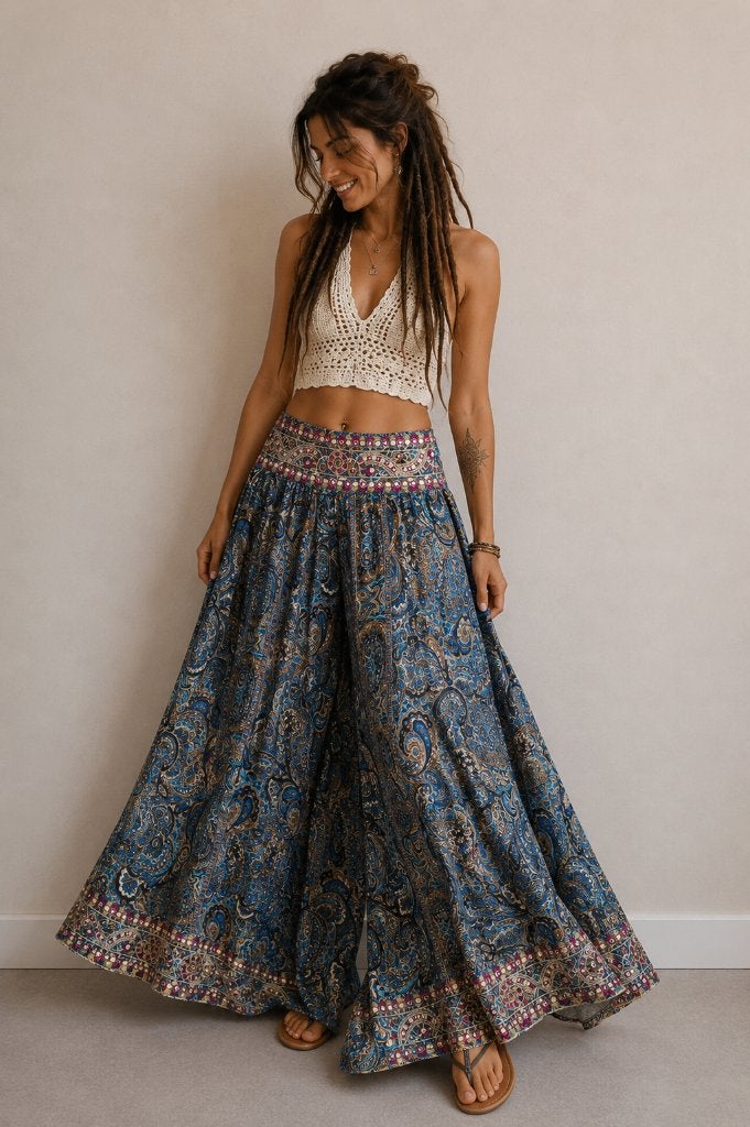 Boho palazzo broekrok paisley | wijd bohemian festival, Handmade, Blauw, Maat 42/44 (L), Ophalen of Verzenden