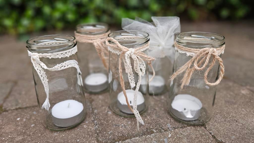 33 glazen potten met theelichtjes, Huis en Inrichting, Ophalen, Overige materialen, Zo goed als nieuw, Beige