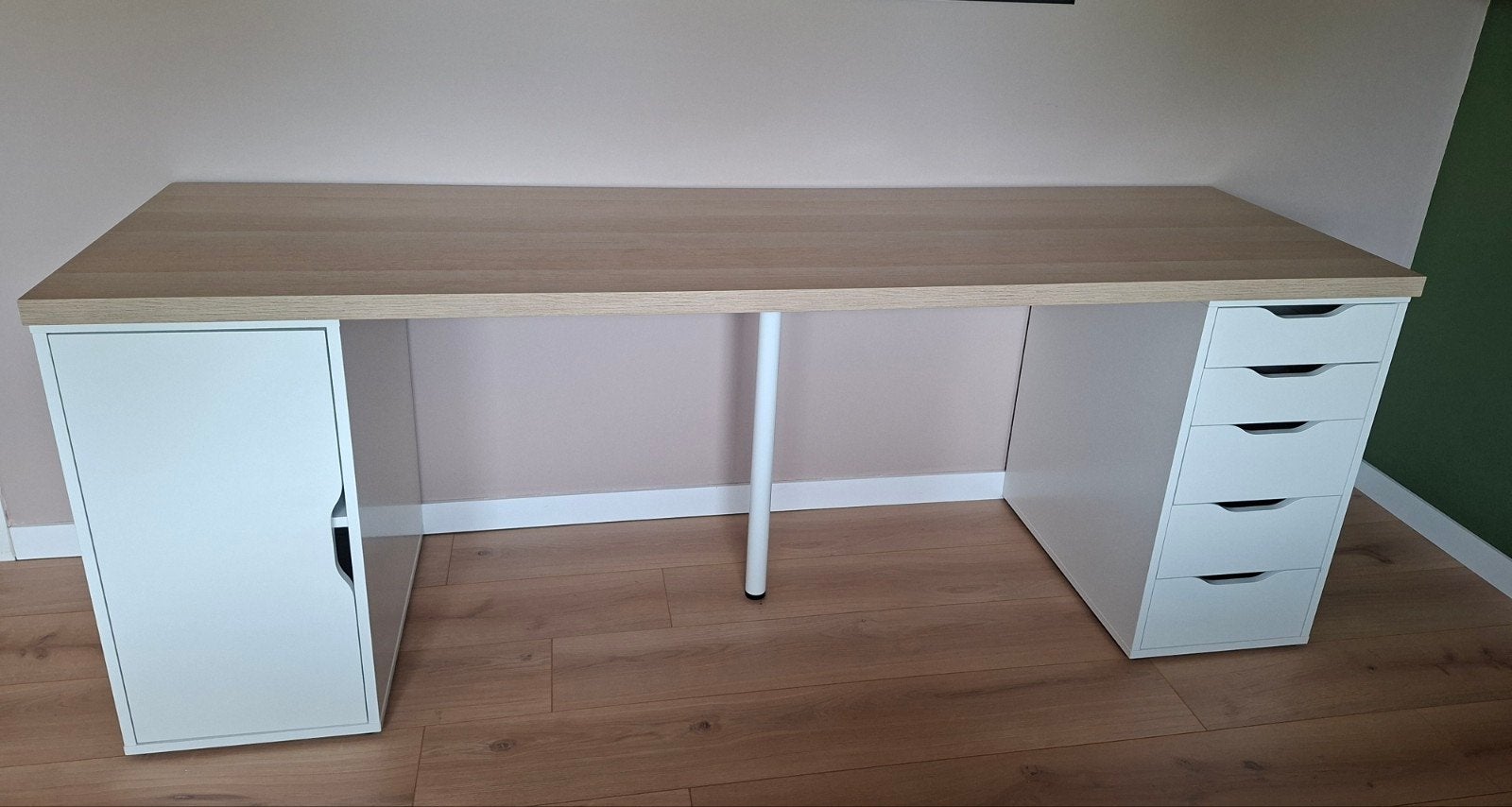 groot wit met houten blad bureau ikea lagkapten 200x60, Ophalen, Met lades, Gebruikt, IKEA