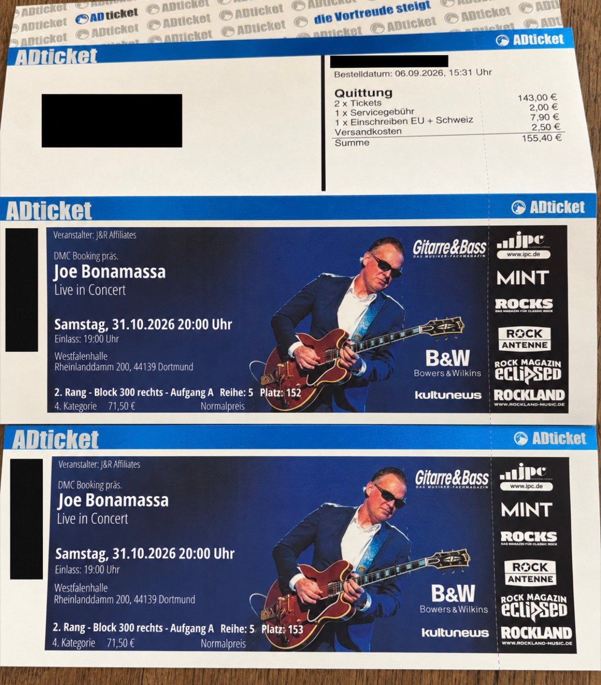 2 tickets Joe Bonamassa – Dortmund – 31 oktober 2026