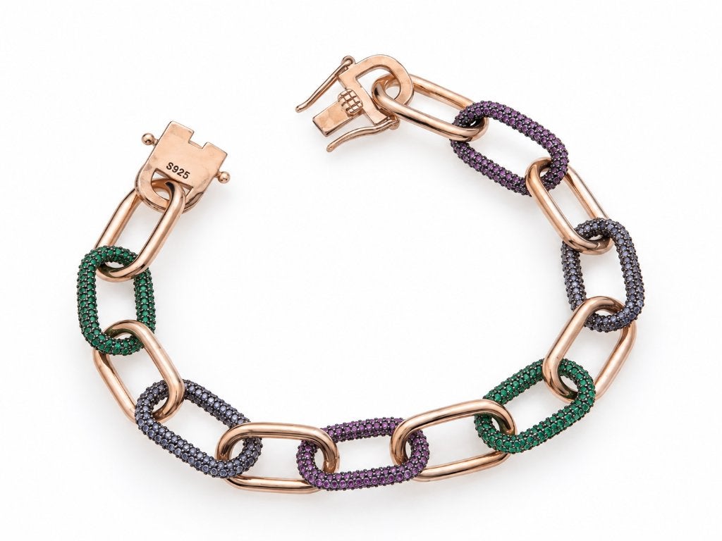 Rosé Geplateerd Zilveren Schakelarmband Kleursteentjes, Ophalen, TIEMAN JUWELIERS, Overige kleuren, -