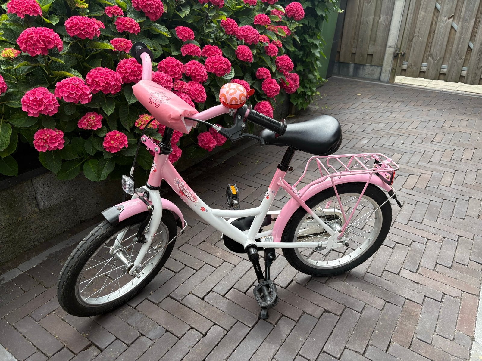 Roze kinderfiets - 16 inch, Ophalen, Gebruikt, Terugtraprem, 16 tot 20 inch