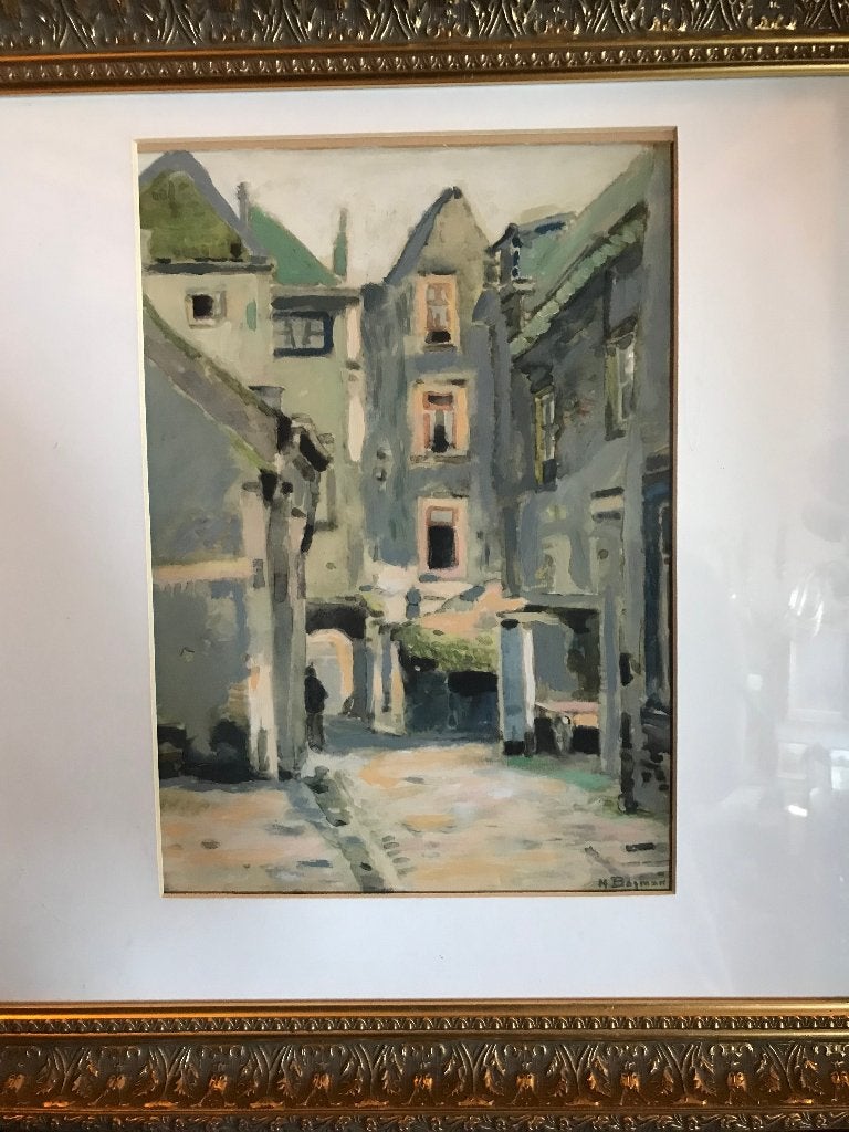 aquarel pastel stadsgezicht bogman, Antiek en Kunst, Ophalen of Verzenden