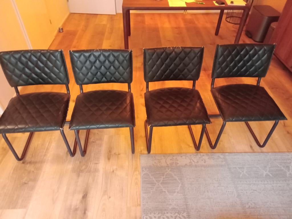 4 zwarte leren eetkamerstoelen, Ophalen, Gebruikt, Zwart, Vier