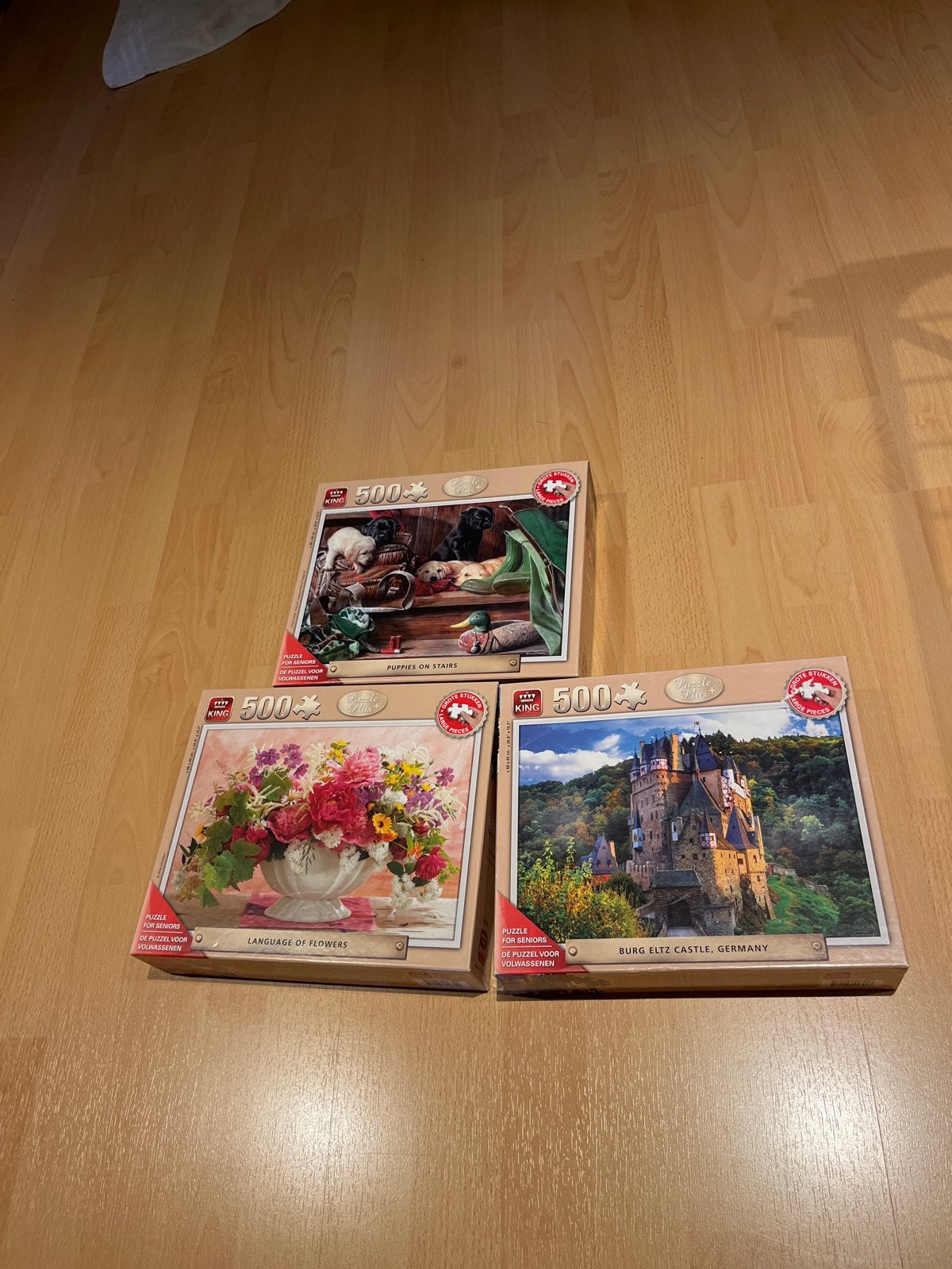 3x King Legpuzzel 500 stukjes XL: Puppy's, Bloemen & Kasteel, Ophalen, 500 t/m 1500 stukjes, Nieuw, Legpuzzel