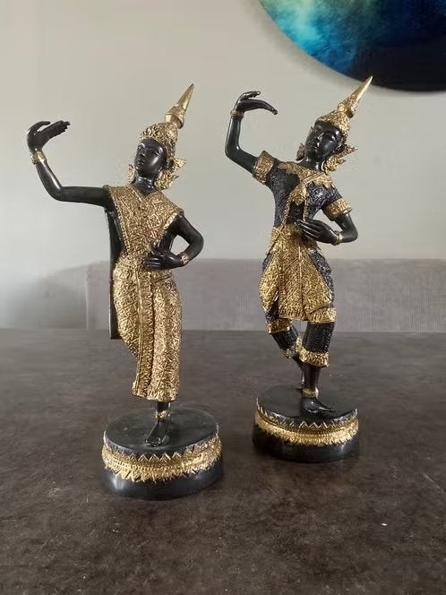 Set van 2 Thaise Apsara-beelden – verguld brons, Goud, Handgemaakt, Ophalen of Verzenden, 29 cm