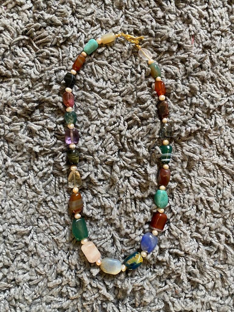 Ketting met natuurstenen en parels, Ophalen of Verzenden, Overige materialen, Ketting, Verguld