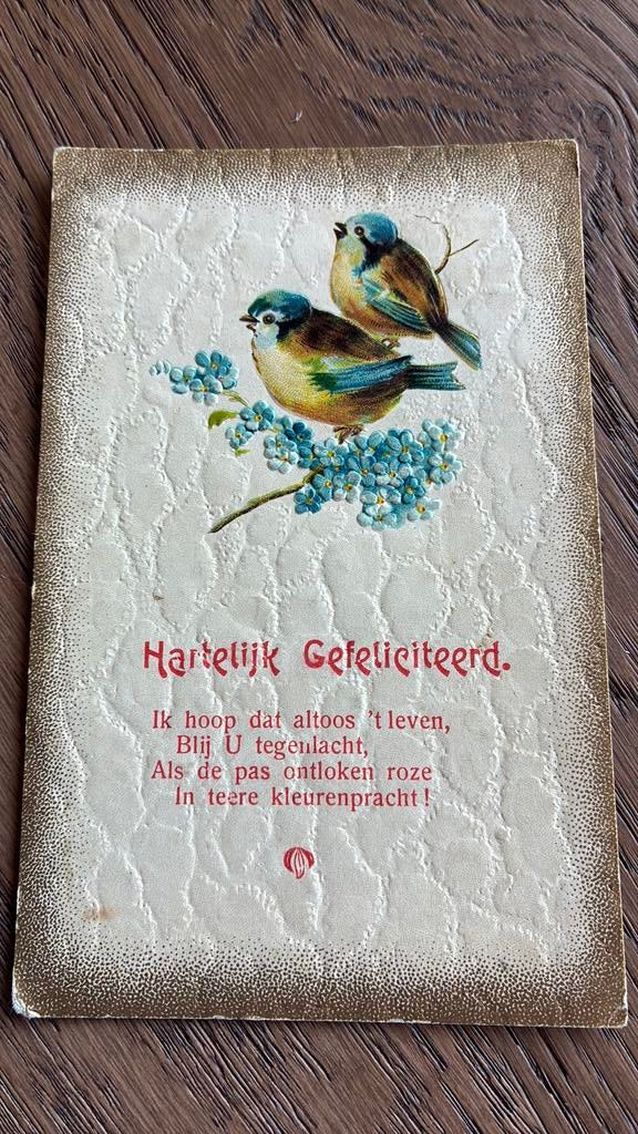 Gefeliciteerd. Reliefkaart, vogeltjes en een wens, Ophalen of Verzenden, Voor 1920, Gelopen
