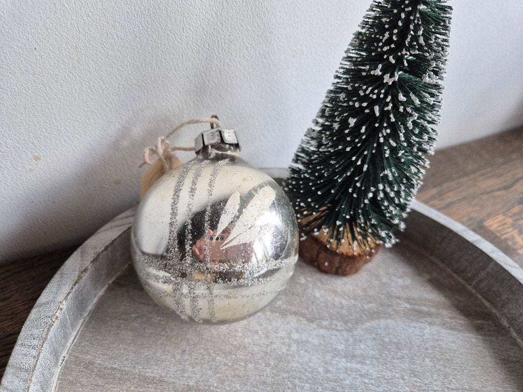 Vintage kerstbal streep zilver glitter 15, *, Gebruikt, *, Ophalen of Verzenden
