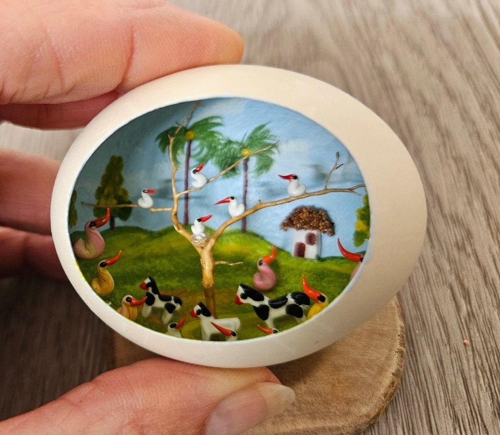 Mini-kunstwerk in een ei (boerderij), Ophalen of Verzenden, Overige typen, Handgemaakt, Overige materialen