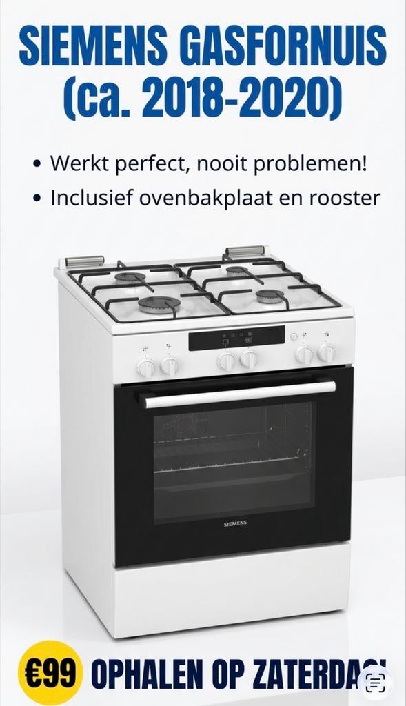 Siemens Vrijstaand Gasfornuis (2018-2020) - Z.G.A.N., Ophalen, 4 kookzones, Zo goed als nieuw, Gas
