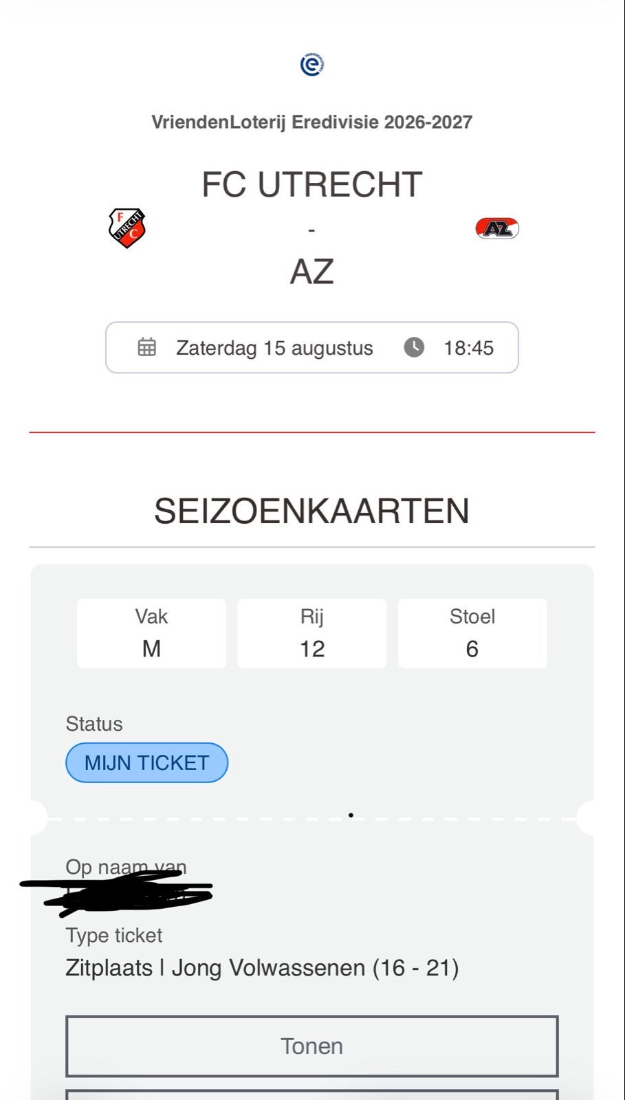 2 tickets FC Utrecht - AZ bunnikside, Twee personen
