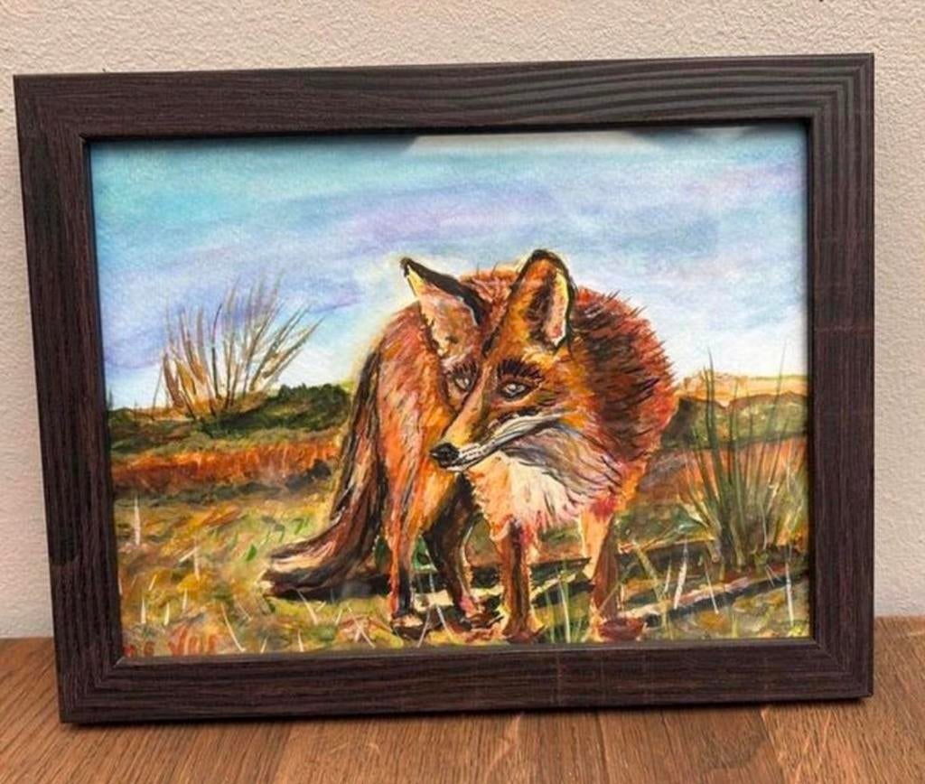 Aquarel Schilderij Vos 18x24cm in Lijst, Ophalen