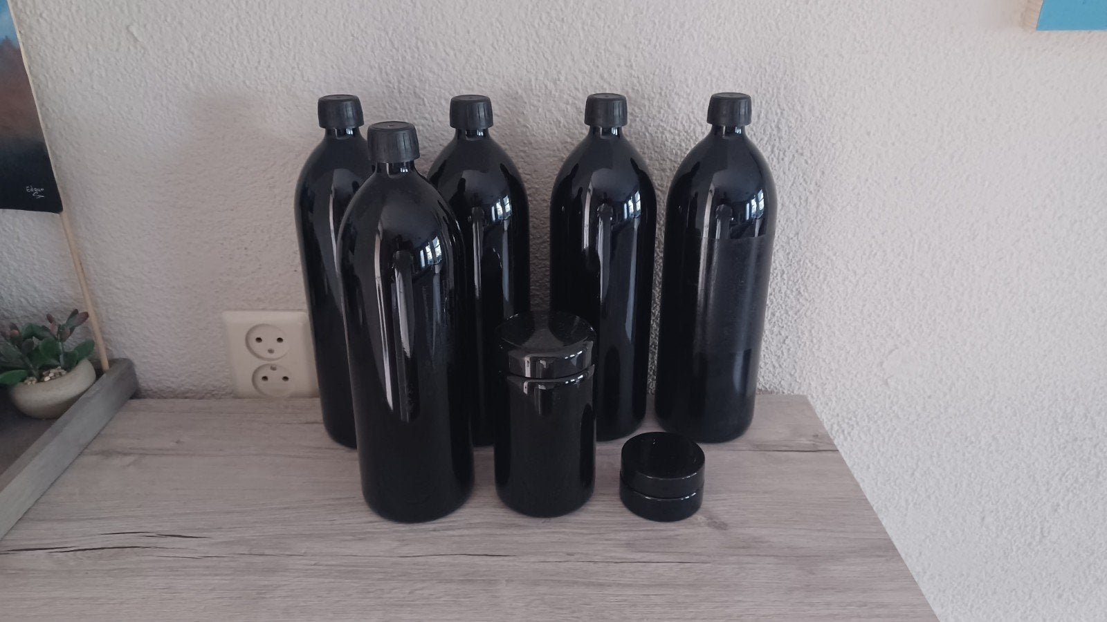 Miron violet glas flessen en potjes set – zwart UV glas, Verzenden, Gebruikt