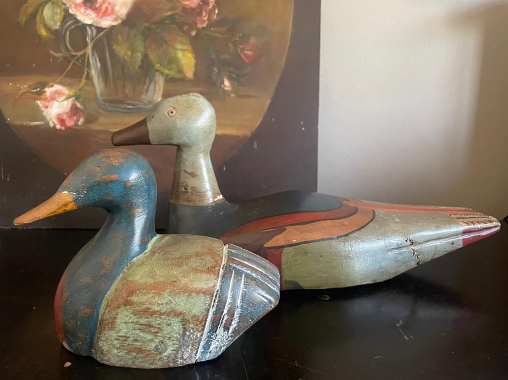 Set van 2 houten eenden handgeschilderd, Antiek en Kunst, Curiosa en Brocante, Ophalen of Verzenden