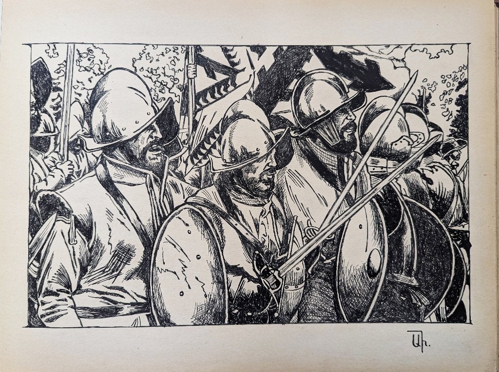 "De laatste slag. Landsknechten", Antiek en Kunst, Kunst | Schilderijen | Modern, Figuren, Verzenden, Echtheidscertificaat, Papier/karton