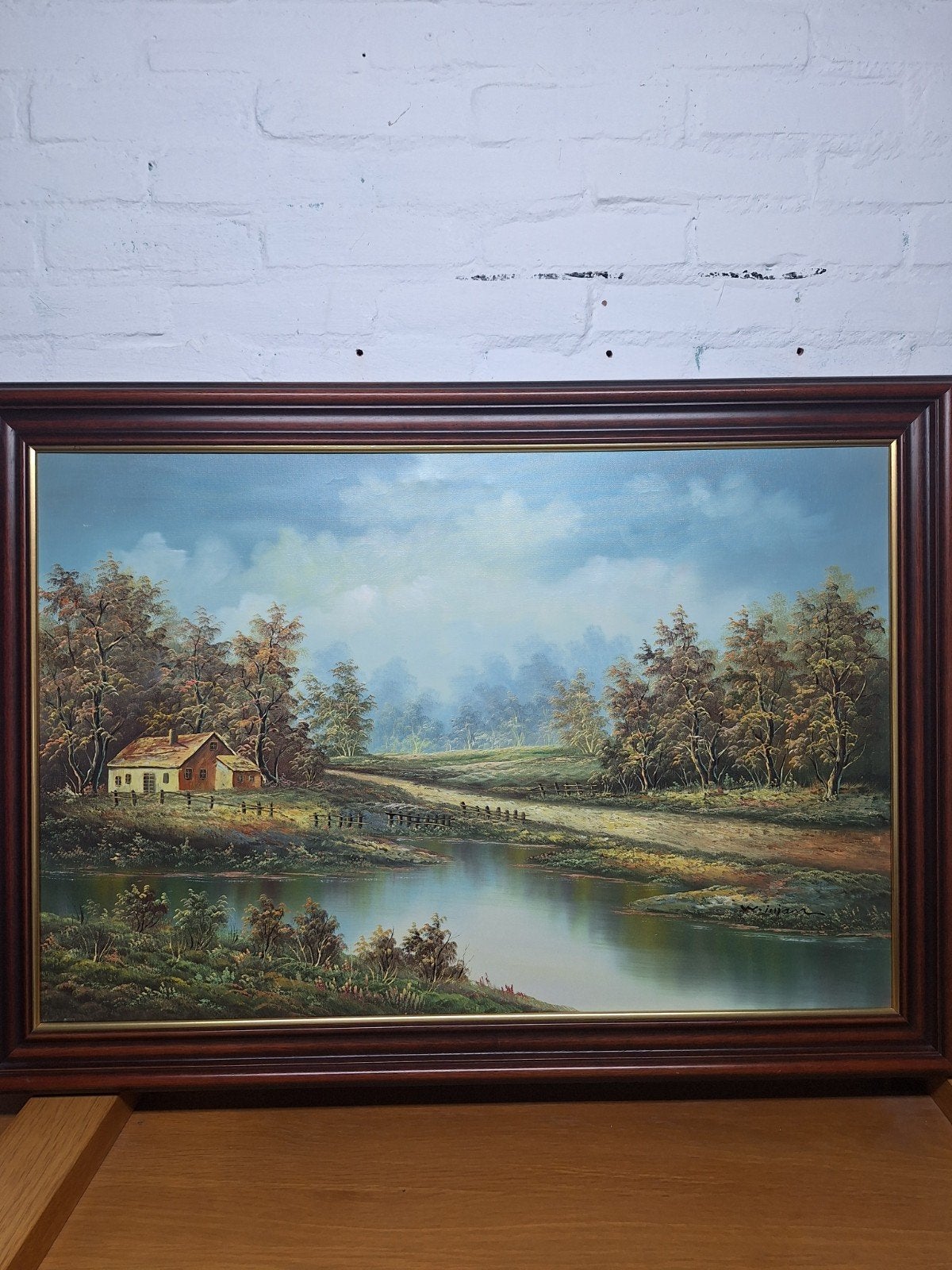 Schilderij met landschap en huisje aan het water, Antiek en Kunst, Kunst | Schilderijen | Klassiek, Ophalen