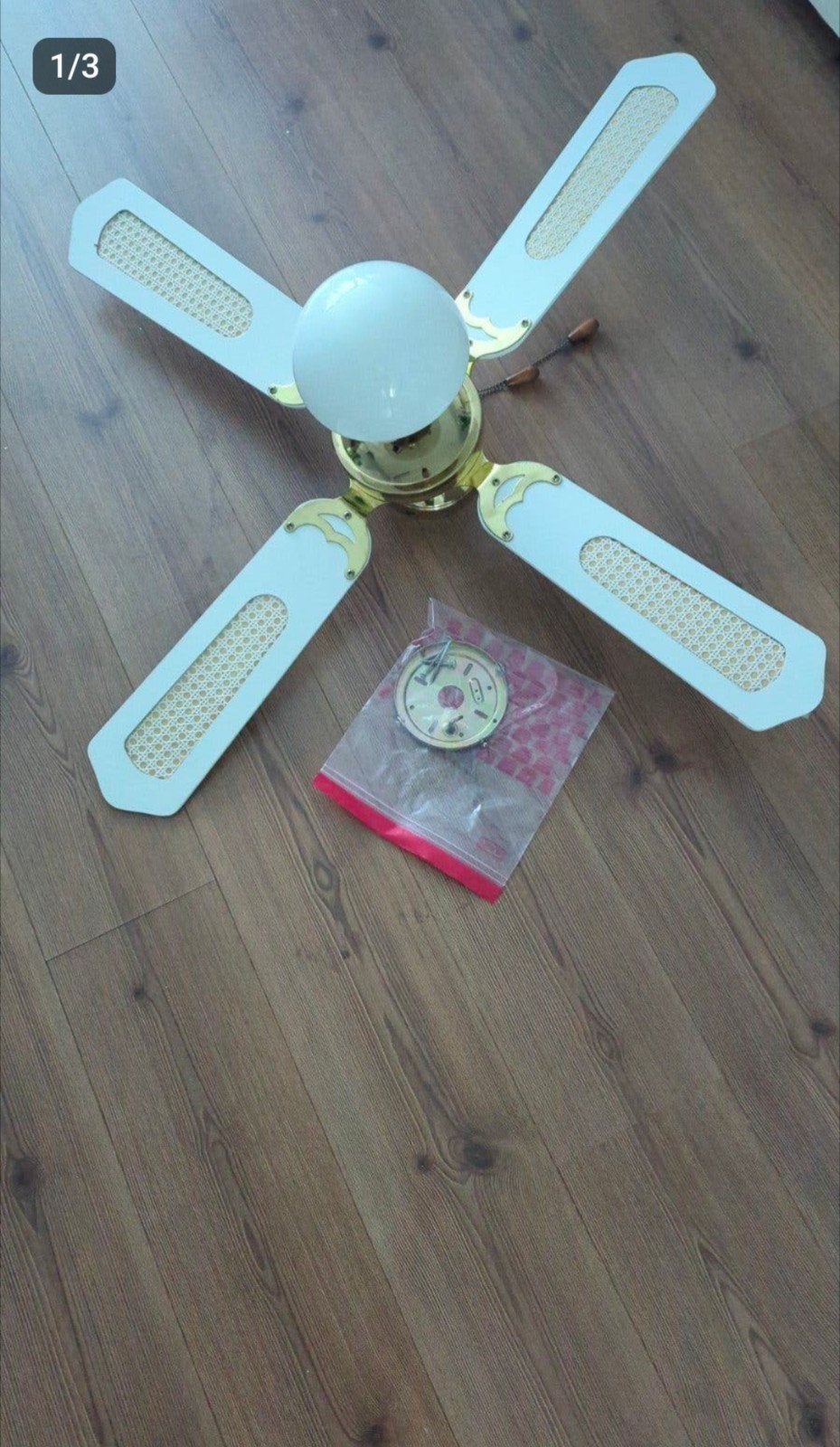 Plafondventilator met verlichting, wit/goud, 3 standen, Ophalen, Gebruikt, Plafondventilator