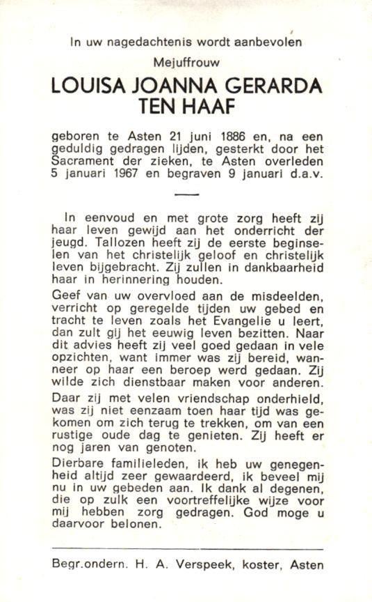 Haaf ten Louisa J.G. 1886-1967 Asten, Ophalen of Verzenden