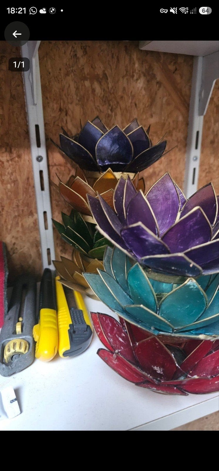 Set van 7 handgemaakte Capiz lotus theelichthouders, Gebruikt, Meerkleurig, Natuurlijk materiaal, Waxinelichthouder