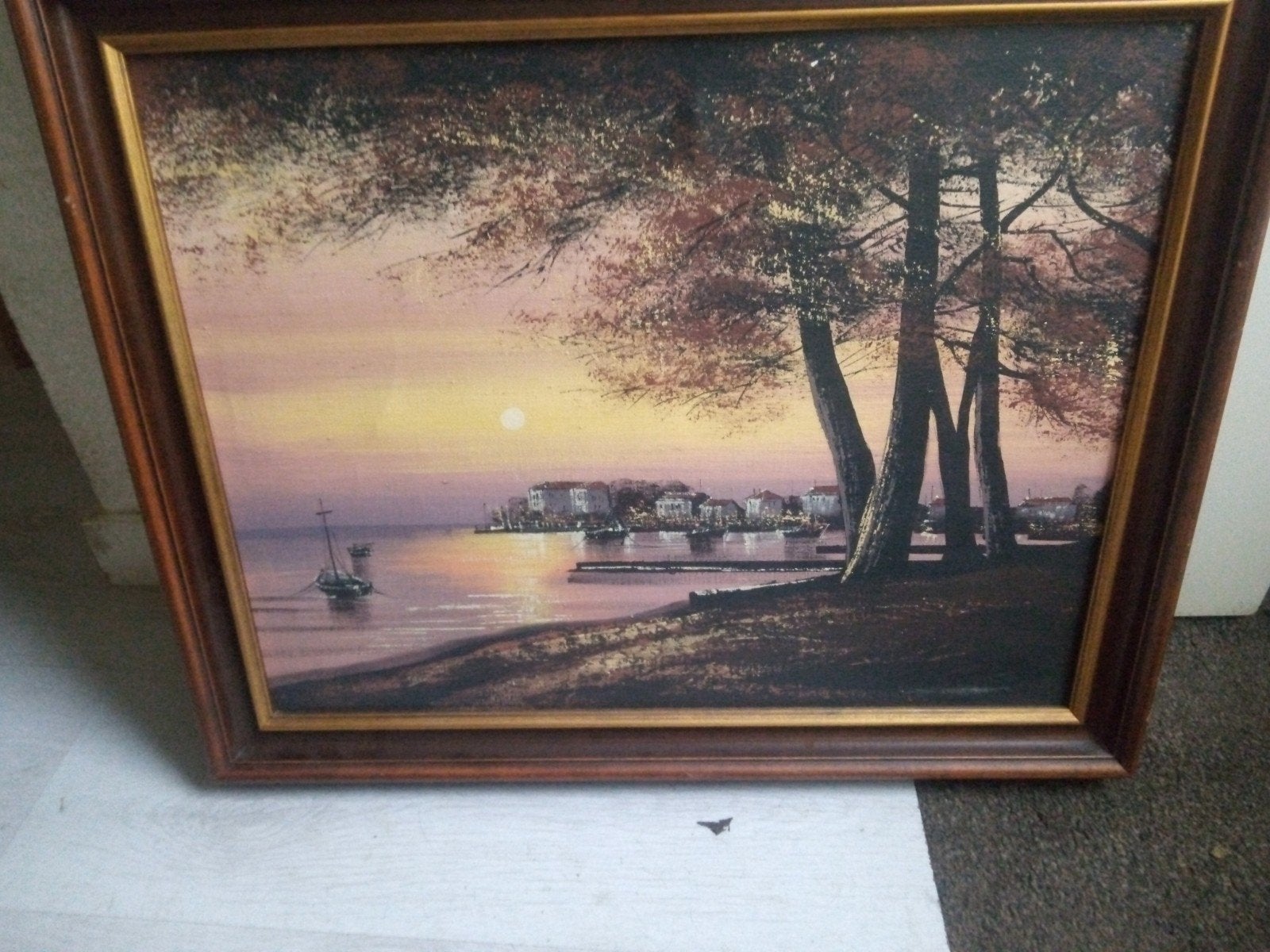 Sfeervol Schilderij Zonsondergang aan het Water 62 bij52 cm, Antiek en Kunst, Ophalen of Verzenden