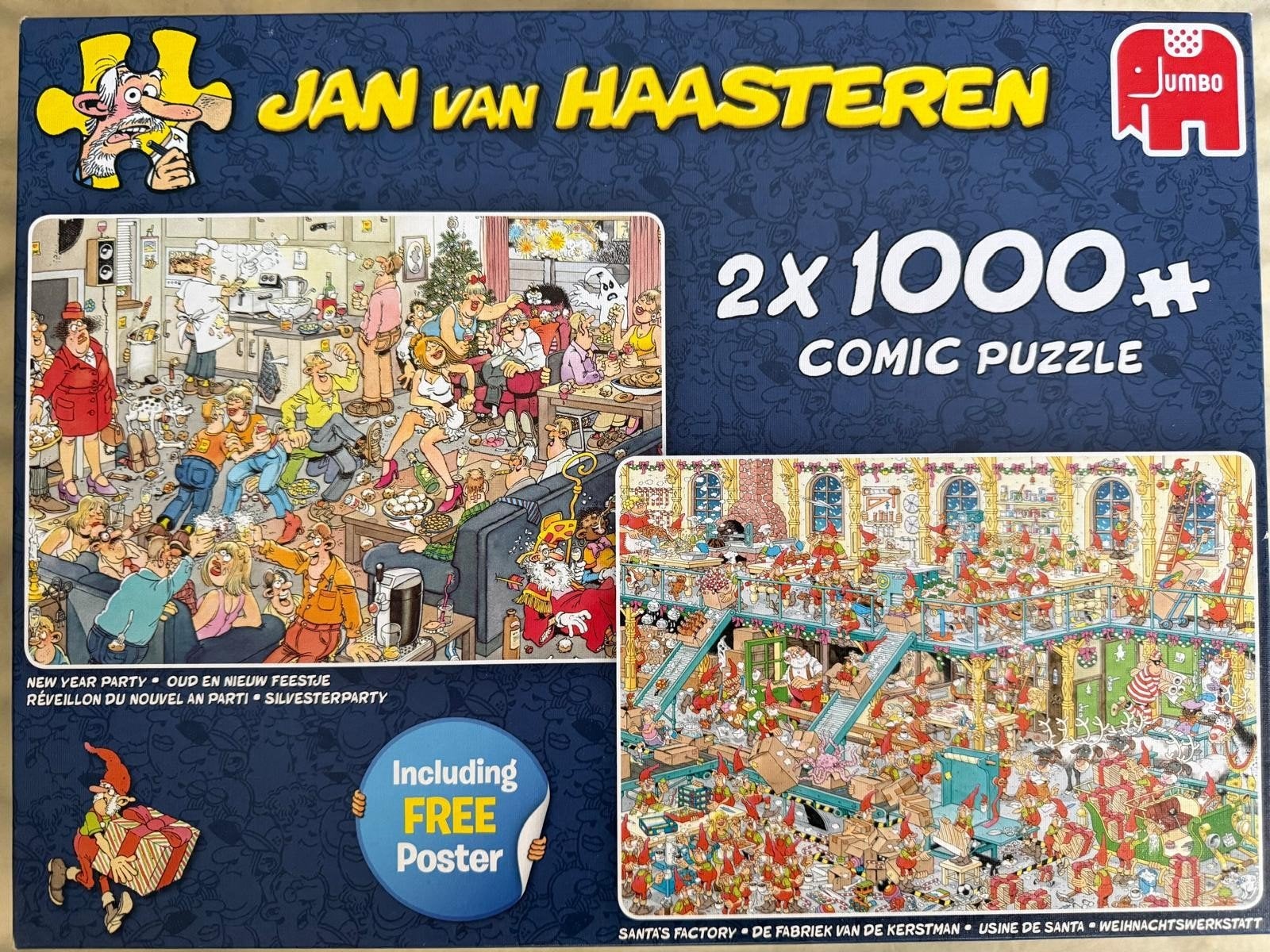 Jan van Haasteren puzzel 2in1 Oud Nieuw Feestje/Fabriek Kers, Ophalen of Verzenden, 500 t/m 1500 stukjes, Zo goed als nieuw