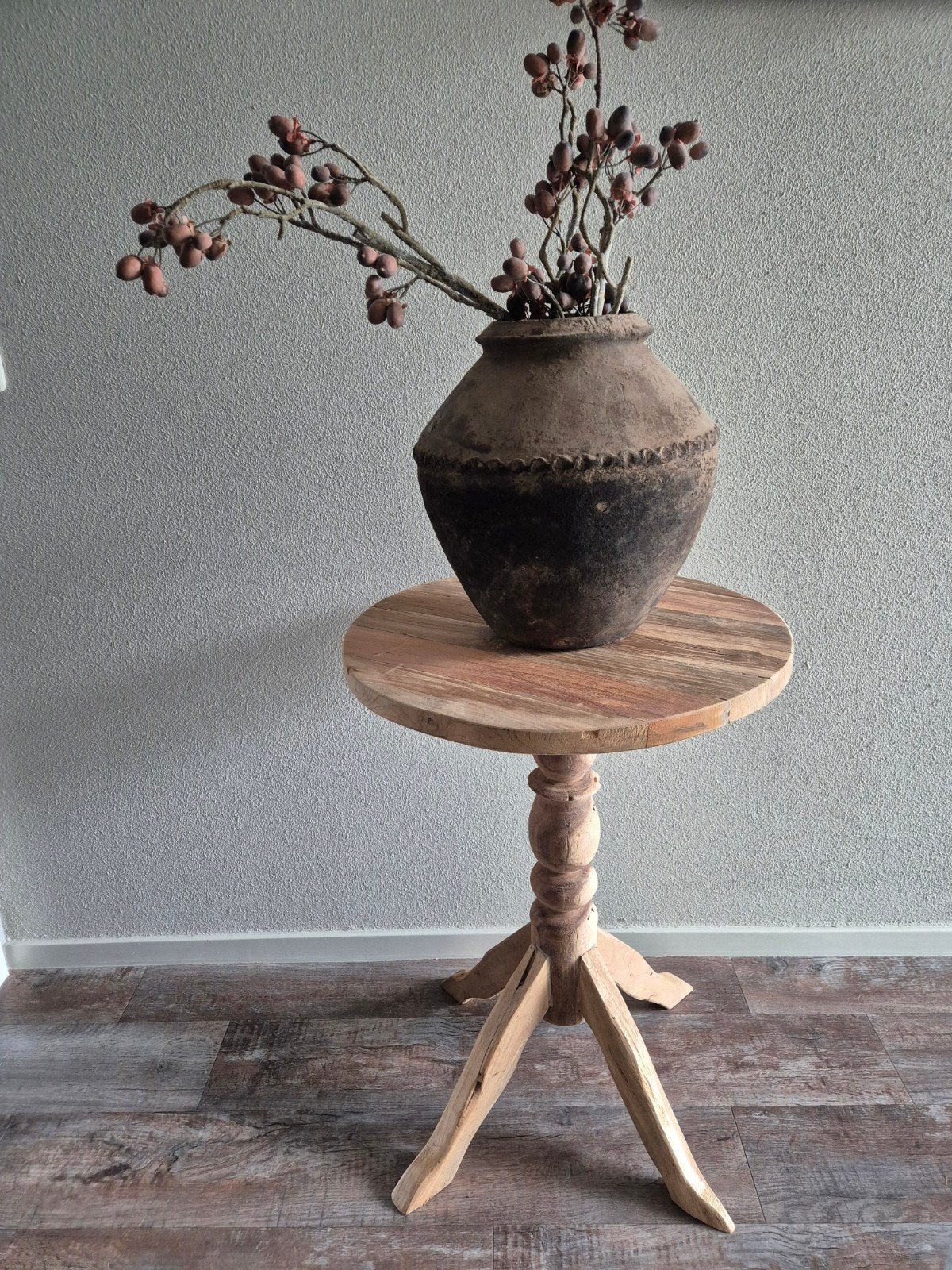 Teakhouten wijntafeltje - Bijzettafel, Huis en Inrichting, Tafels | Bijzettafels, Gebruikt, Rond, 45 tot 60 cm, Minder dan 55 cm