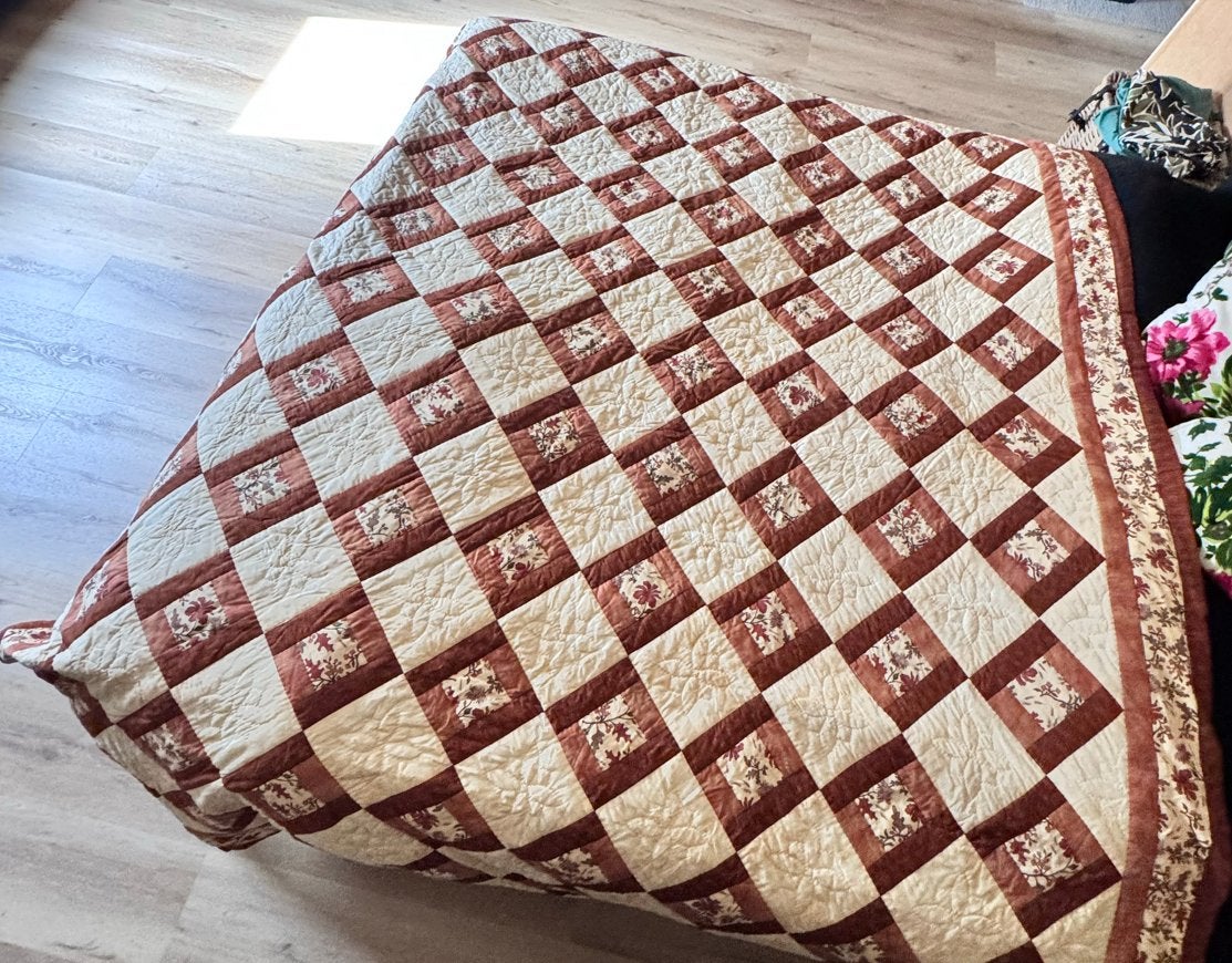 Vintage sprei/quilt 200x275 cm, Gebruikt, Bruin, Katoen, Tweepersoons