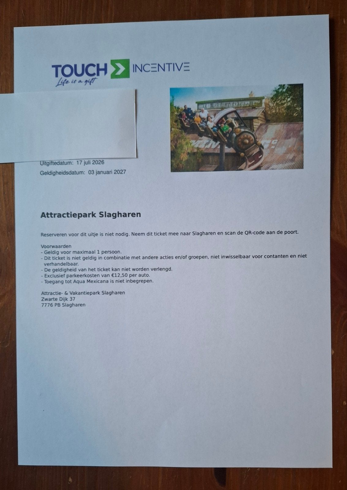 1 toegangskaart Attractiepark Slagharen, Eén persoon, Ticket of Toegangskaart