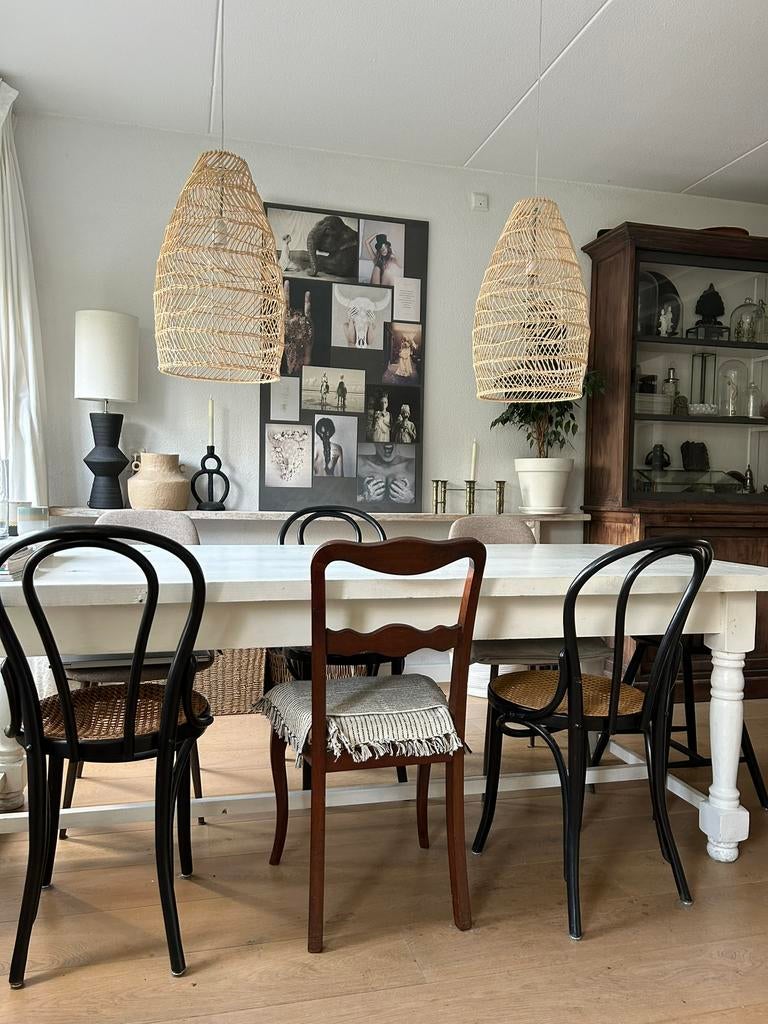 Set van twee rieten hanglampen, Ophalen, Overige materialen, Zo goed als nieuw, Minder dan 50 cm