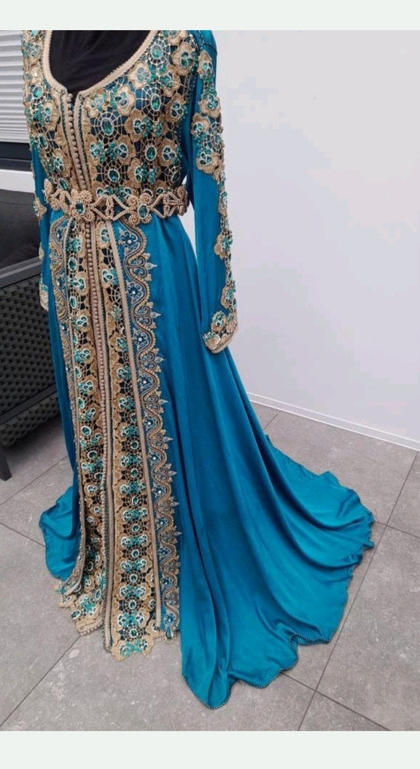 Exclusieve Marokkaanse Takchita Kaftan Jelaba met Riem, Maat 38/40 (M), Overige typen, Blauw, Nieuw