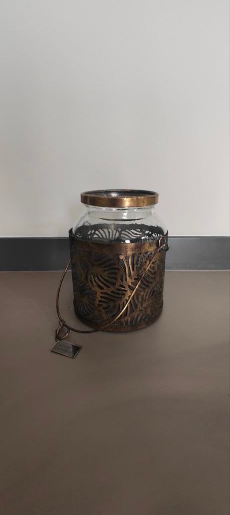 Windlicht glas met gouden bladeren patroon en handvat, Ophalen, Overige materialen, Gebruikt, Overige kleuren