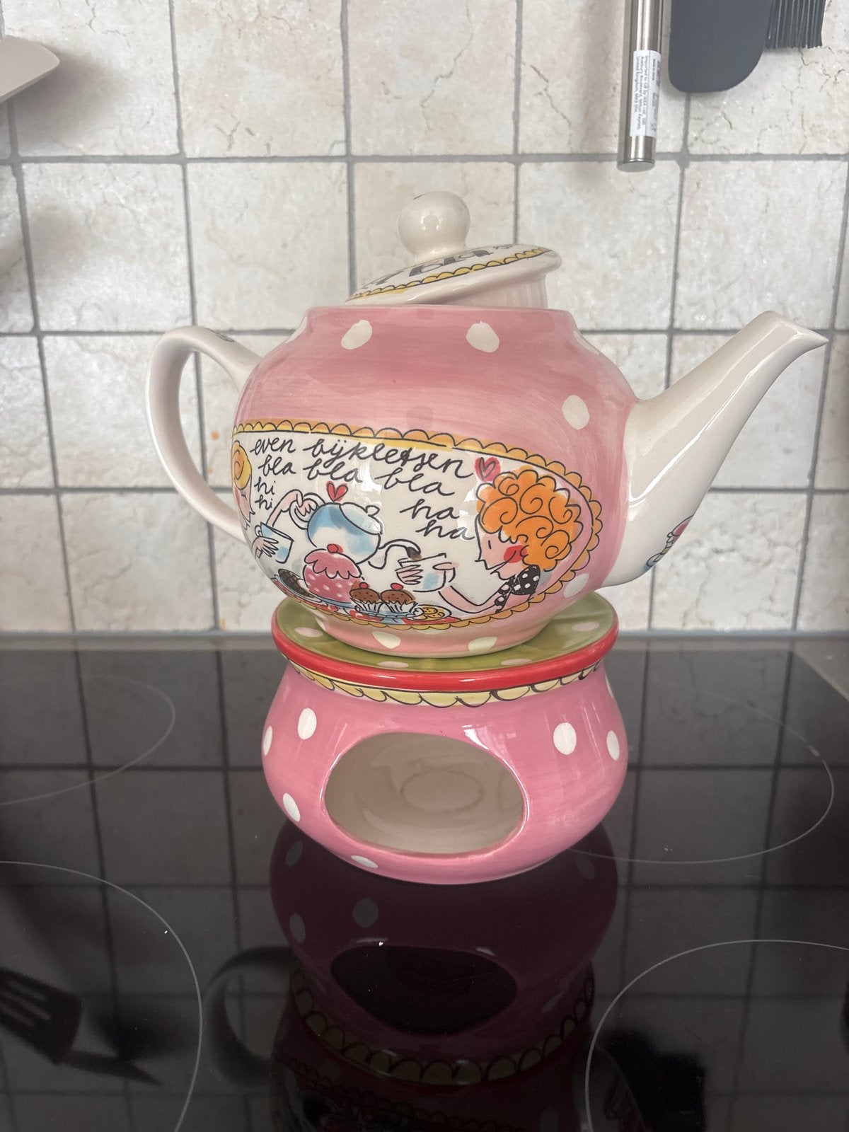 Blond Amsterdam theepot met theelicht - Even bijkletsen, Huis en Inrichting, Zo goed als nieuw, Roze, Steen/keramiek, Ophalen