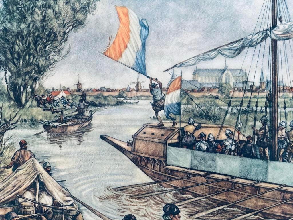 Schoolplaat op linnen: Leidens Ontzet 1574 - J.B. Wolters, Antiek en Kunst, Antiek | Schoolplaten, Ophalen of Verzenden, Geschiedenis