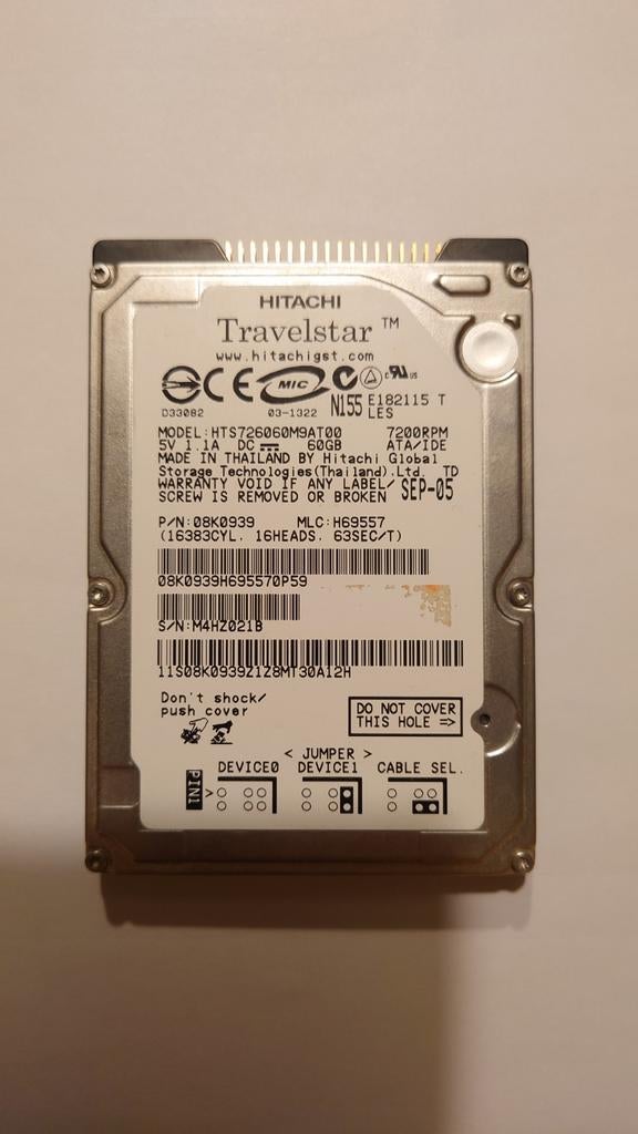 Hitachi 60GB 7200rpm 2,5" IDE laptop harddisk, Computers en Software, Harde schijven, Gebruikt, Laptop, Intern, HDD, IDE, Ophalen of Verzenden
