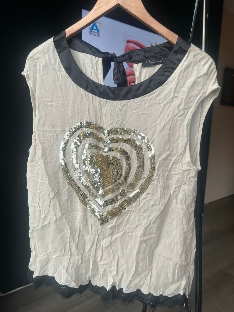 Mooie twinset top met pailletten hart maat M, Kleding | Dames, Maat 38/40 (M), Wit, Ophalen of Verzenden, Zo goed als nieuw