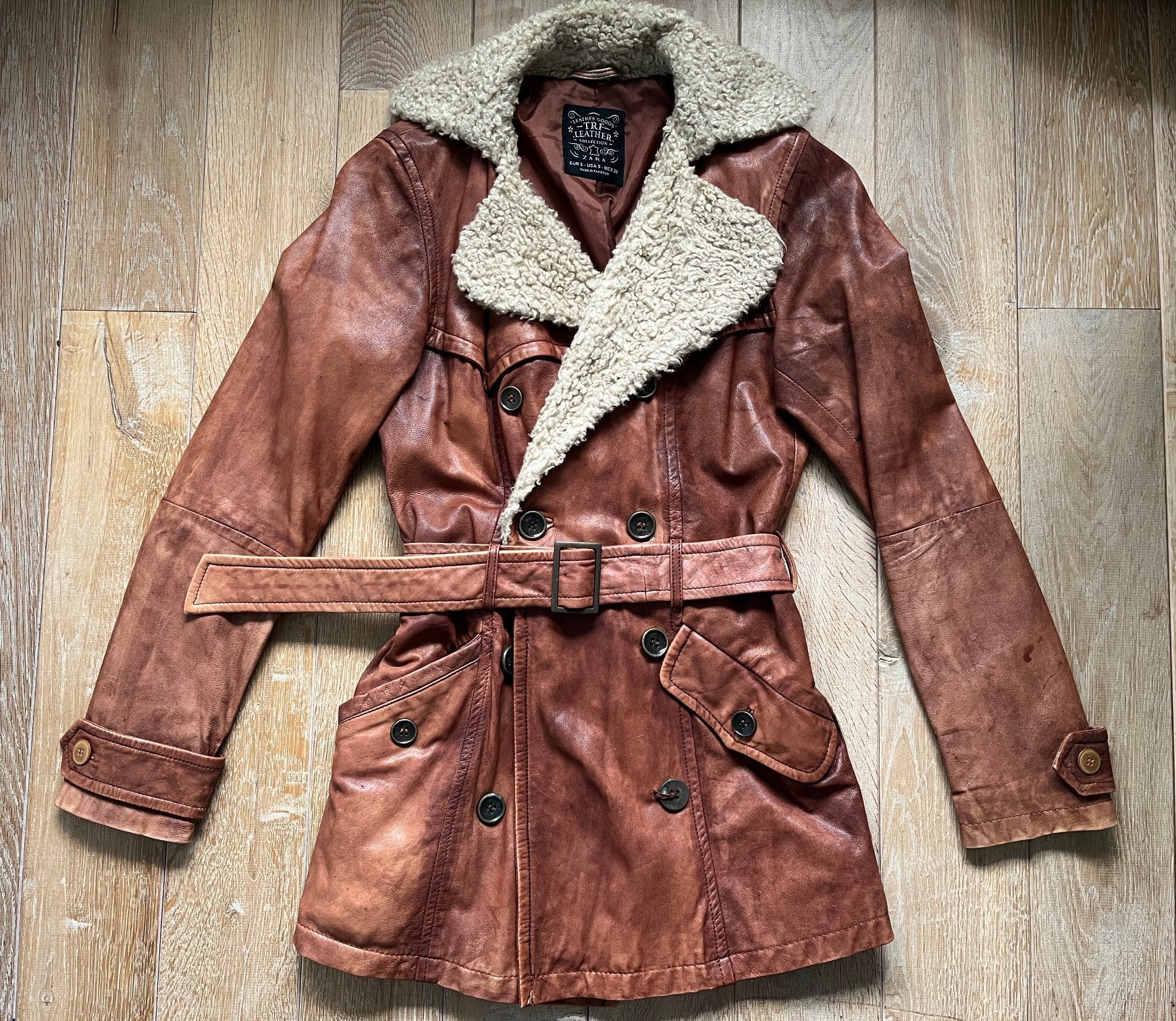 100% echt leer Zara jas met bont, aviator style/vintage look, Ophalen, Gedragen, Maat 36 (S), Bruin
